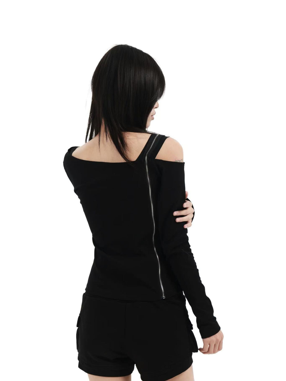 DETW online Black Skull Glitter Print Zipper Asymmetric Women&