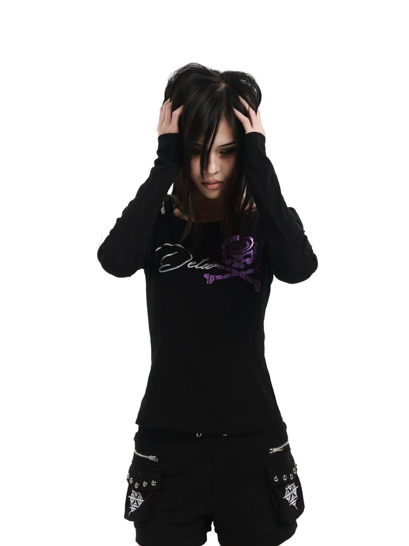 DETW online Black Skull Glitter Print Zipper Asymmetric Women&
