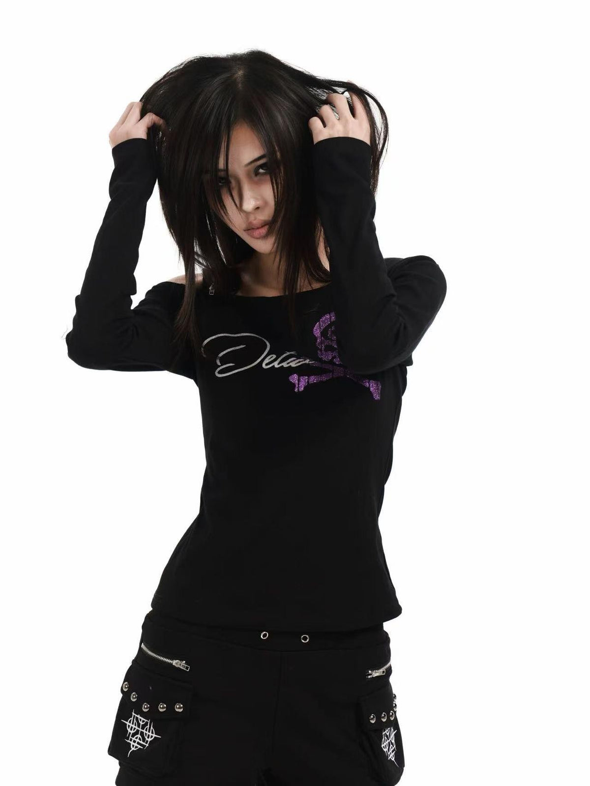 DETW online Black Skull Glitter Print Zipper Asymmetric Women&