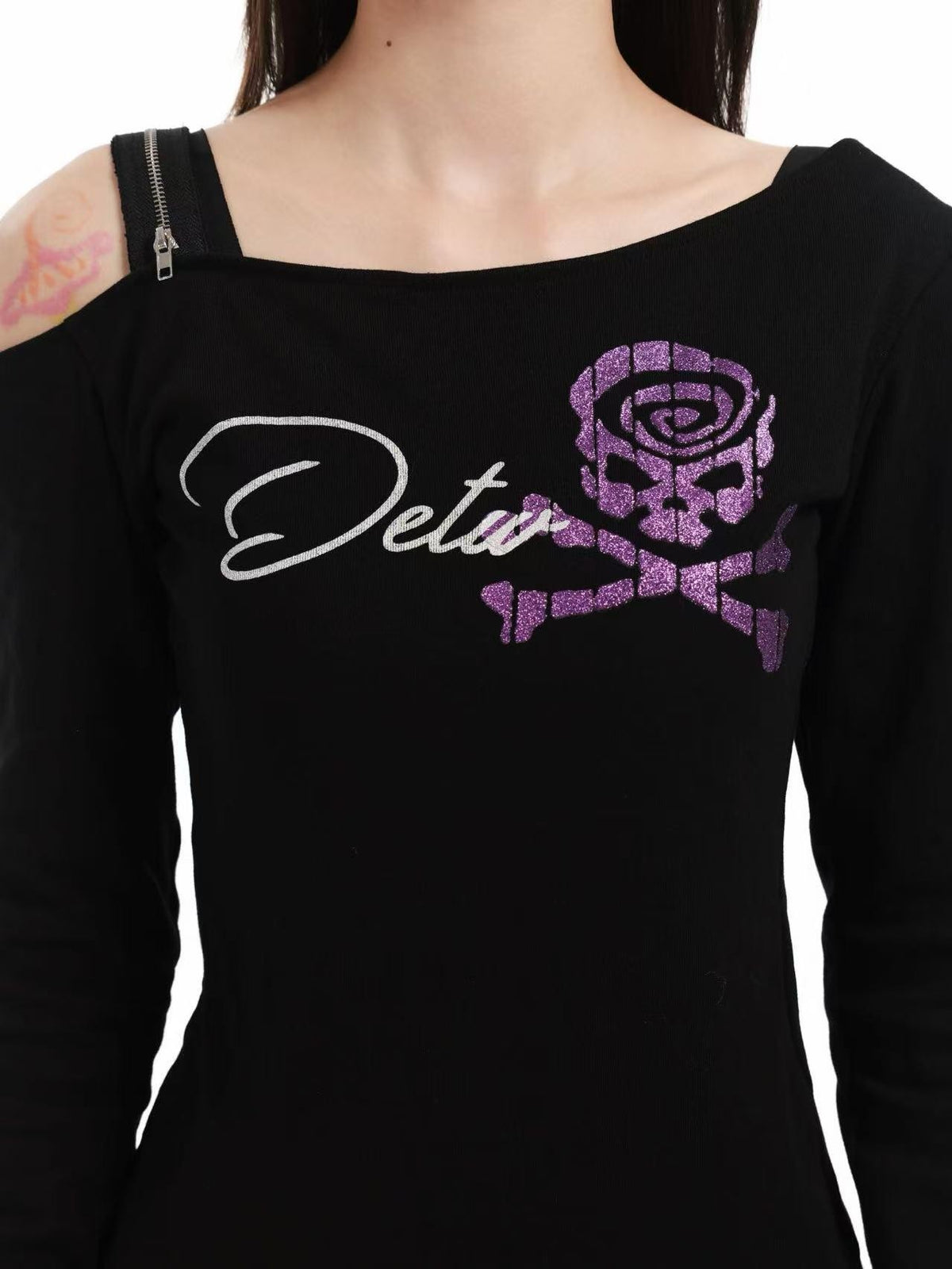 DETW online Black Skull Glitter Print Zipper Asymmetric Women&