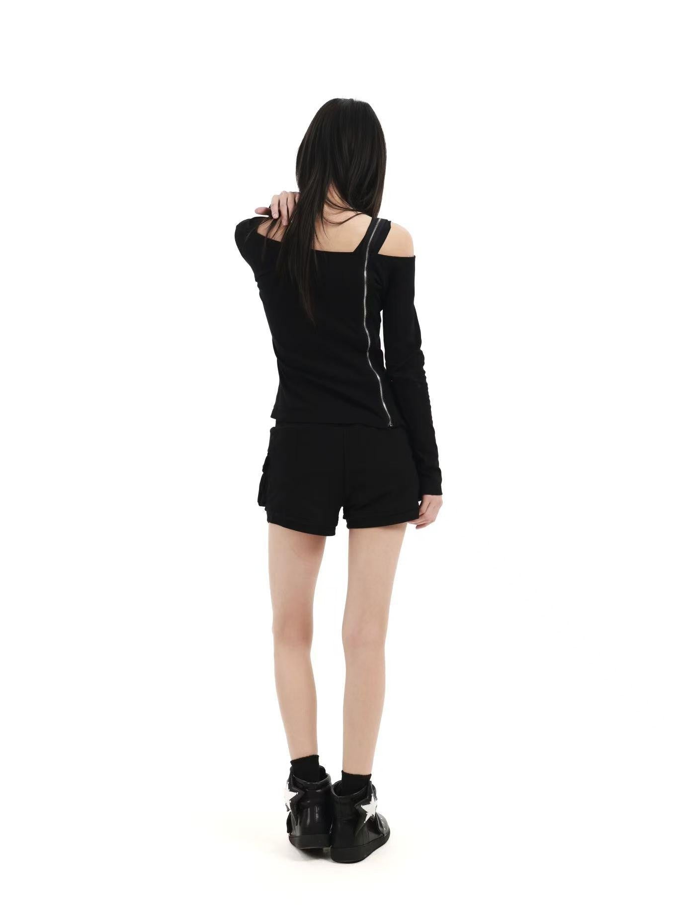 DETW online Black Skull Glitter Print Zipper Asymmetric Women&