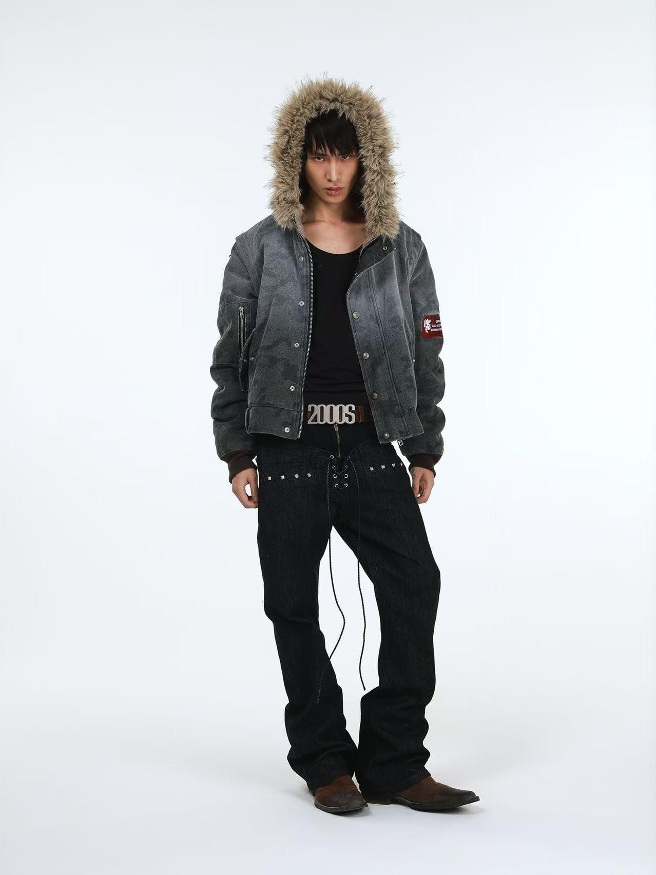DETW online Distressed Camouflage Embroidered Badge Hooded Women&