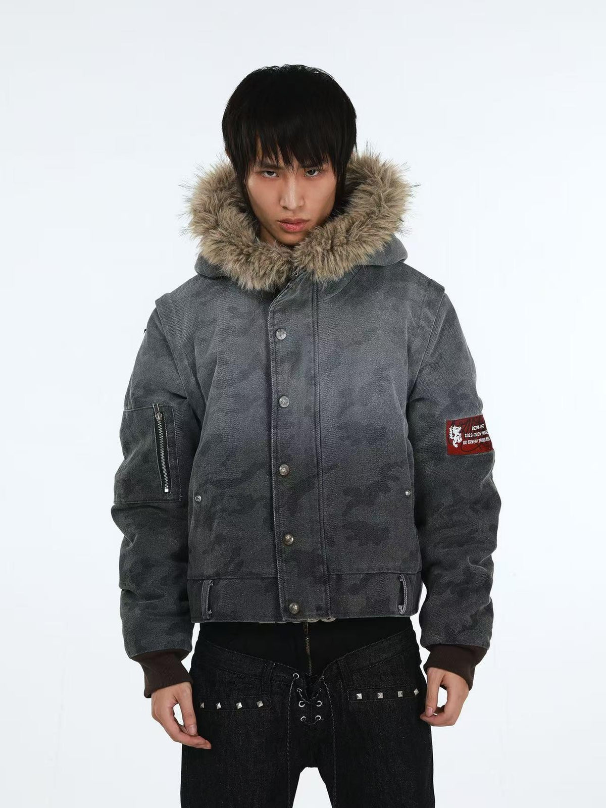 DETW online Distressed Camouflage Embroidered Badge Hooded Women&