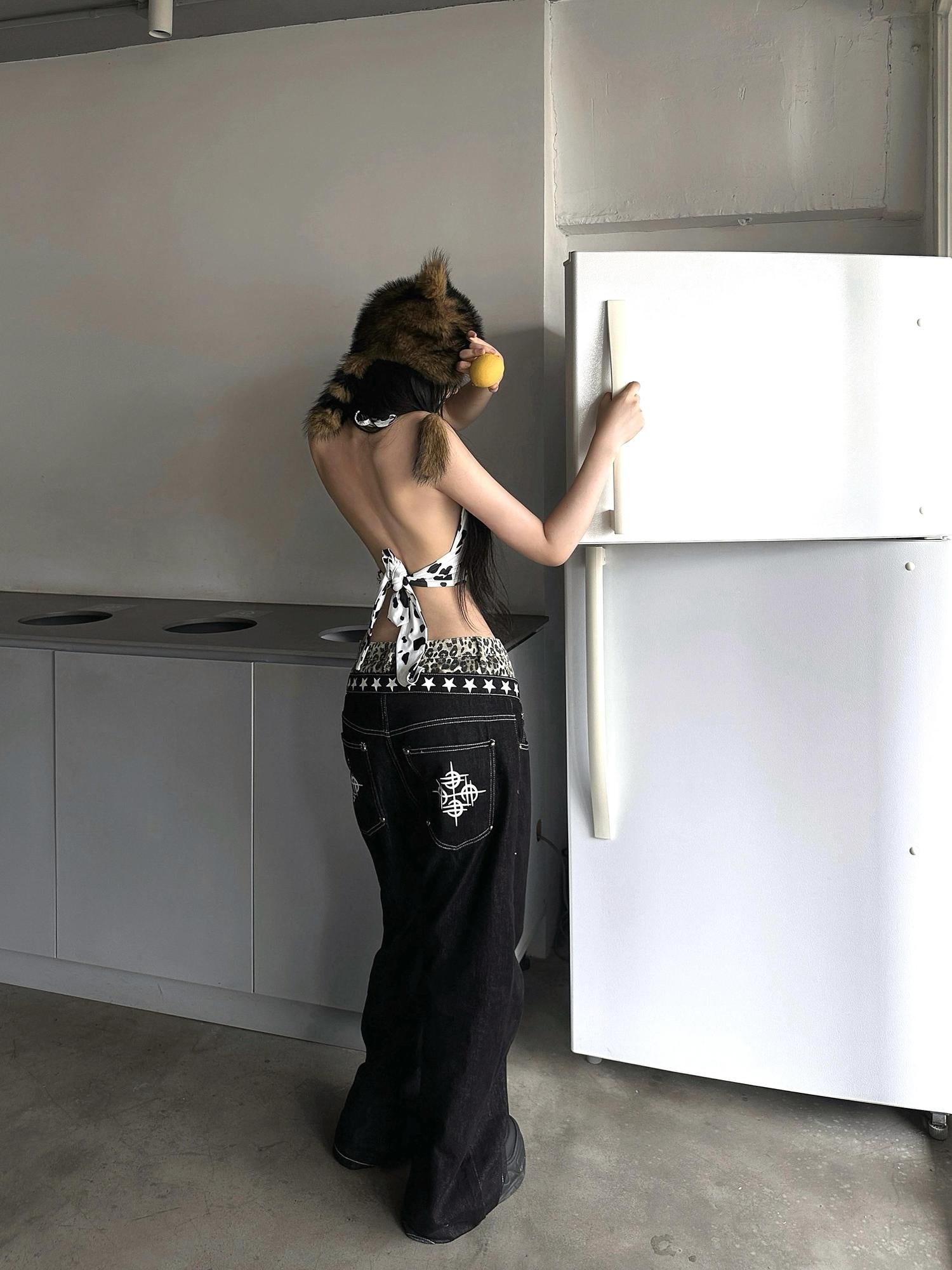 DETW online Double Waist Leopard Print Stacked Jeans