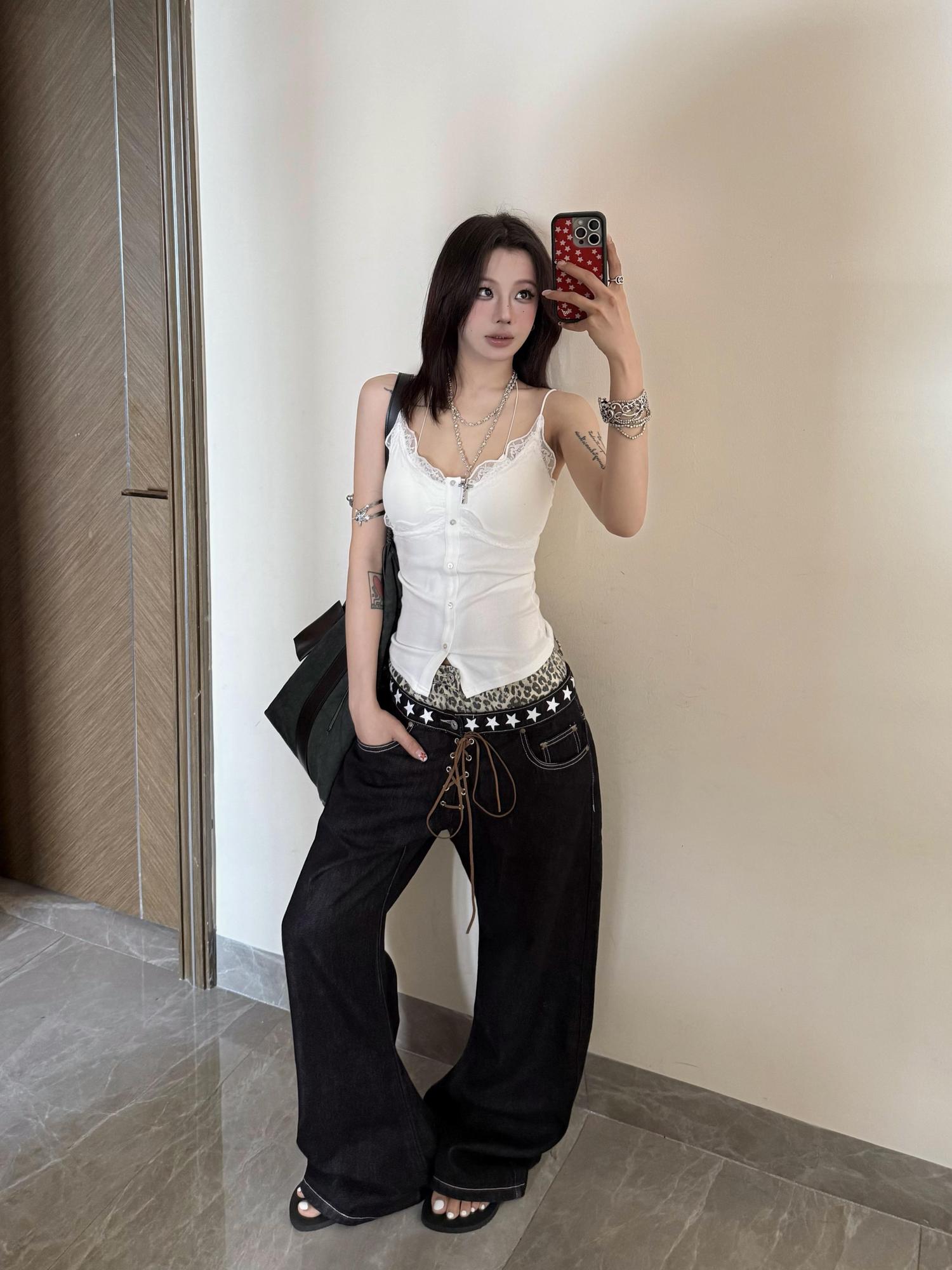 DETW online Double Waist Leopard Print Stacked Jeans