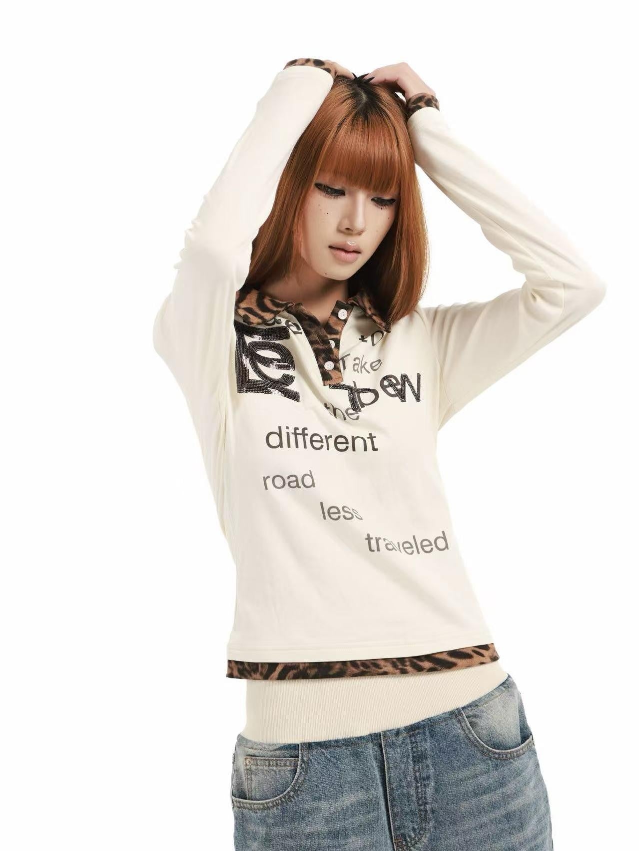 DETW online Leopard Print Sequin Embroidered Angel Slogan Women&