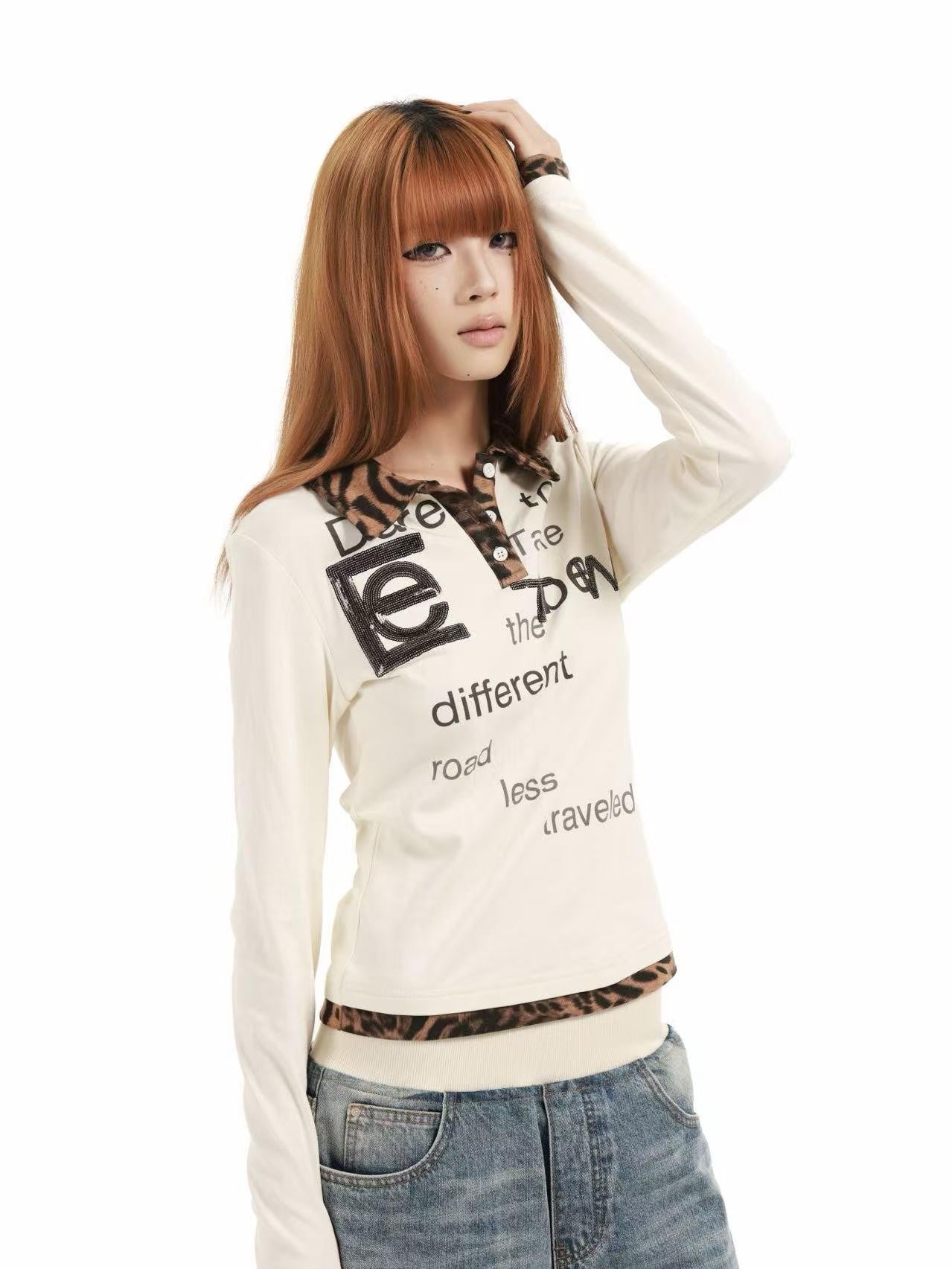 DETW online Leopard Print Sequin Embroidered Angel Slogan Women&