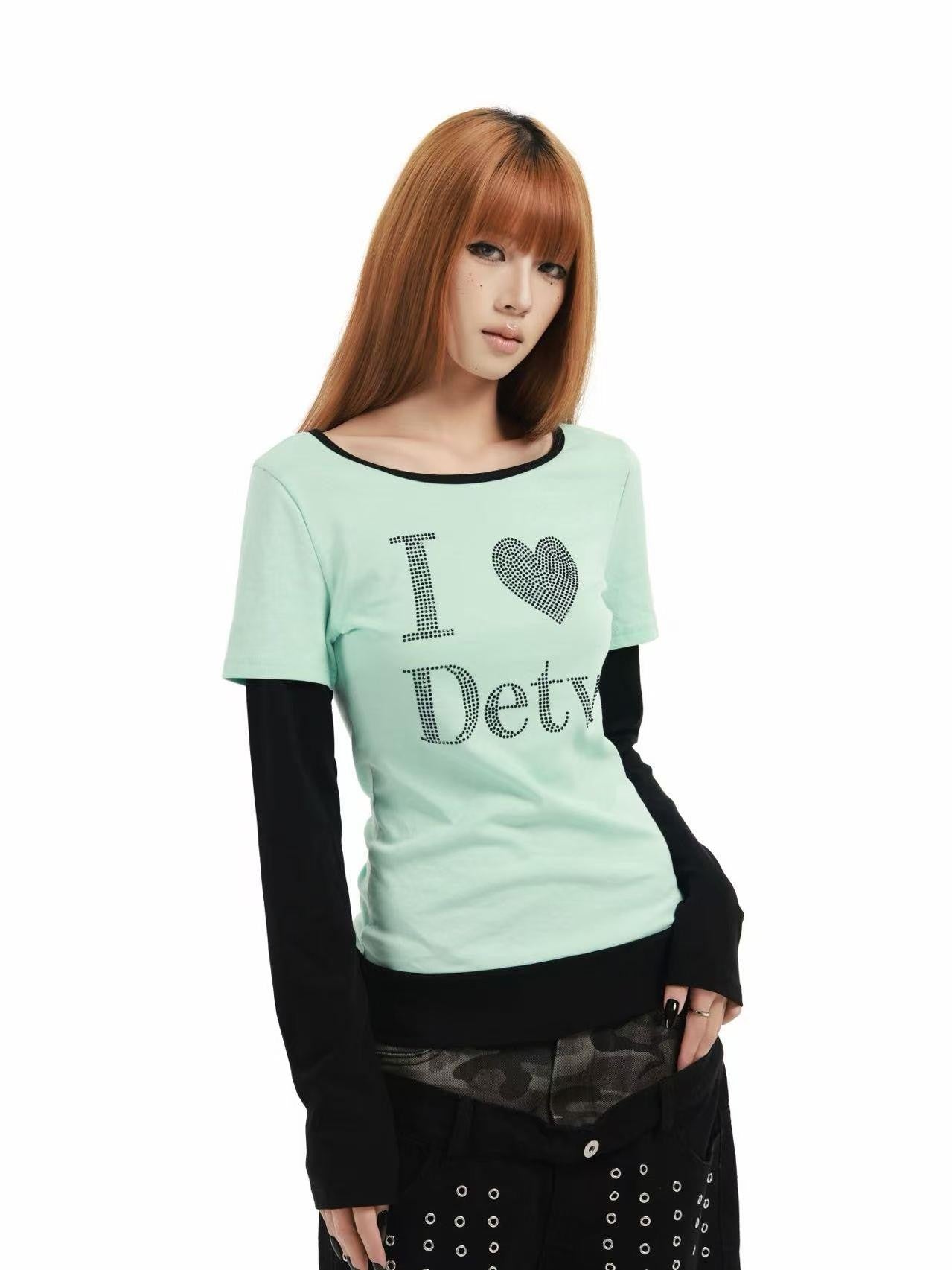DETW online Mint Rhinestone Splice U Neck Slim Women&