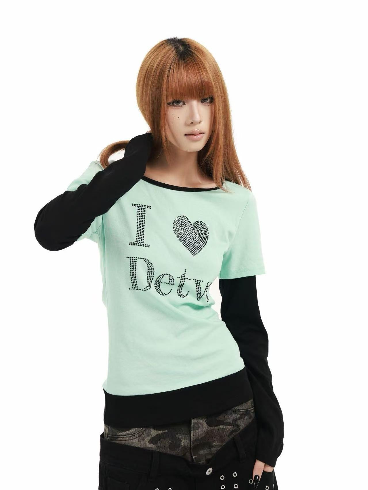 DETW online Mint Rhinestone Splice U Neck Slim Women&