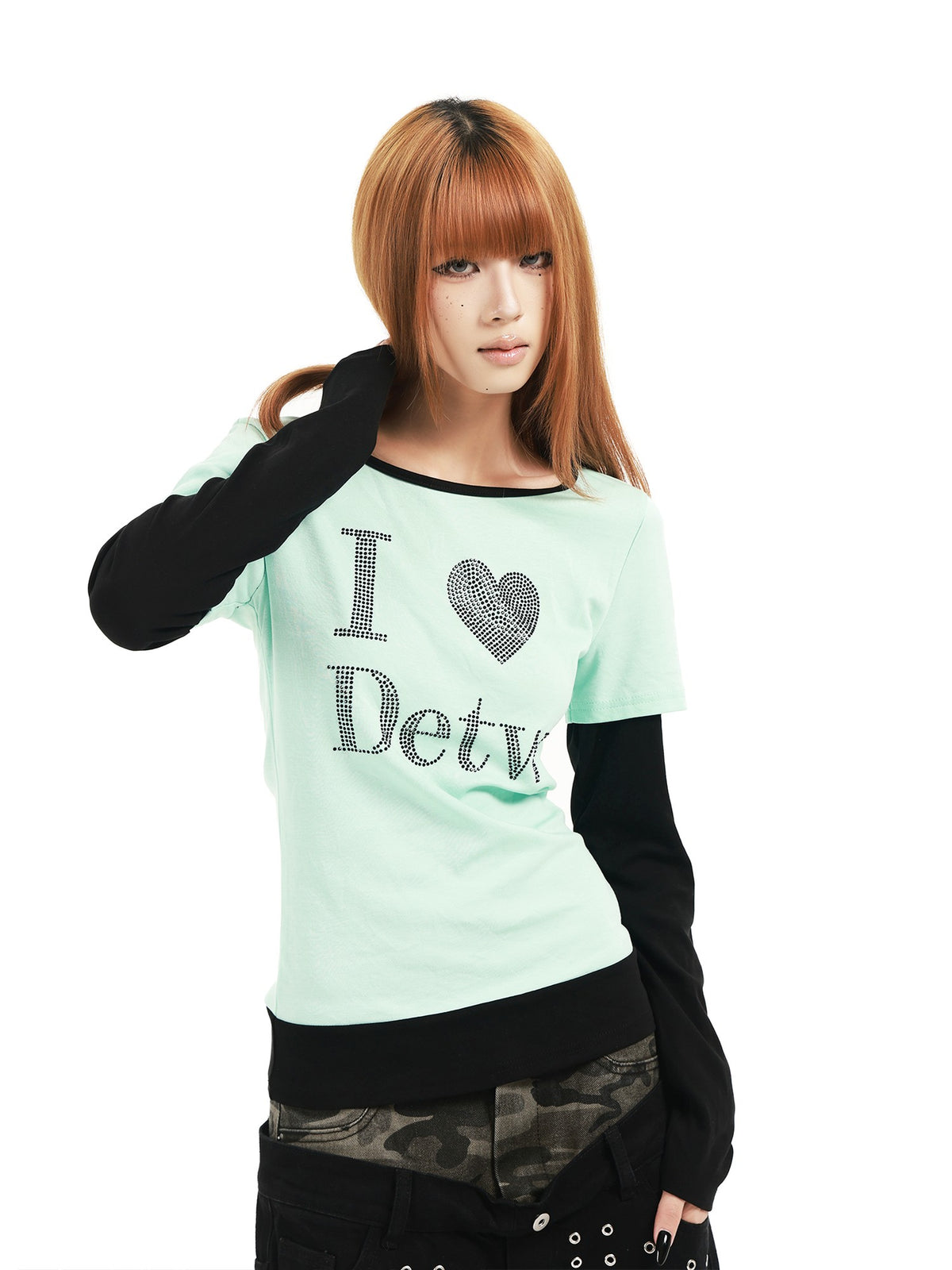 DETW online Mint Rhinestone Splice U Neck Slim Women&