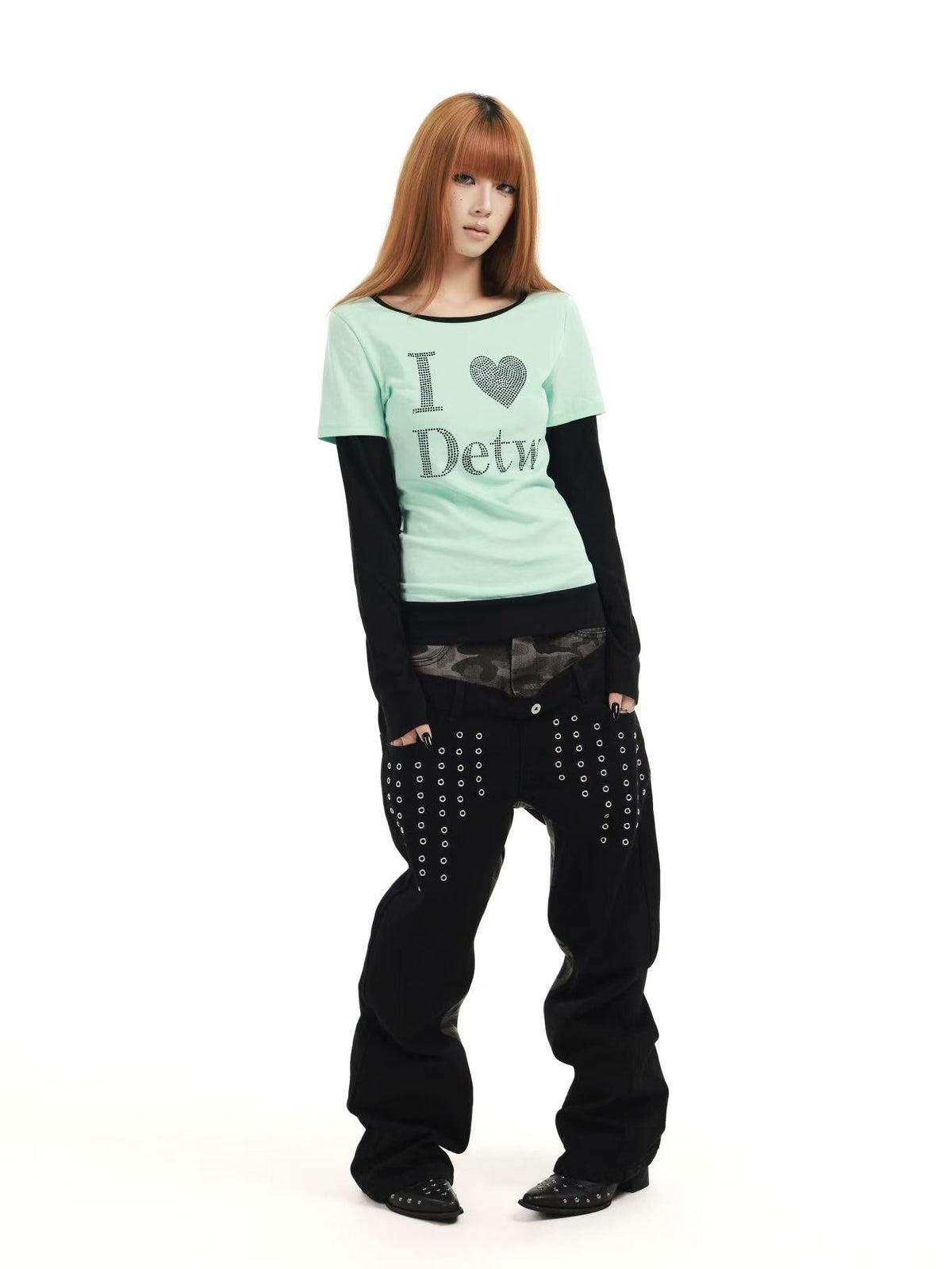 DETW online Mint Rhinestone Splice U Neck Slim Women&