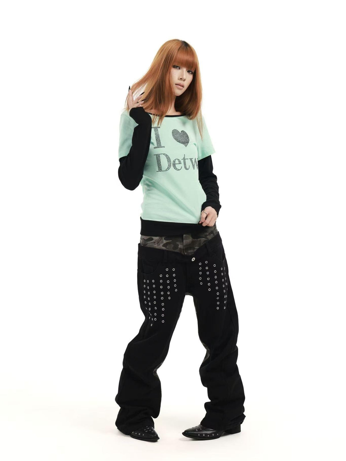DETW online Mint Rhinestone Splice U Neck Slim Women&
