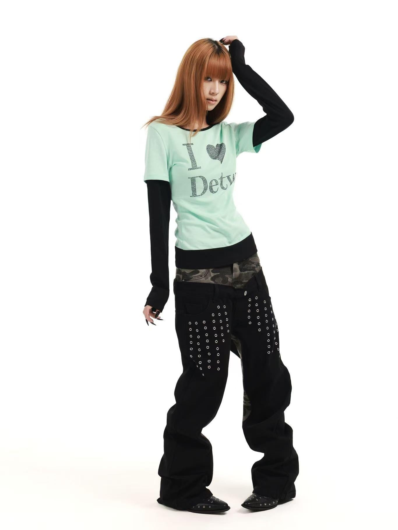 DETW online Mint Rhinestone Splice U Neck Slim Women&