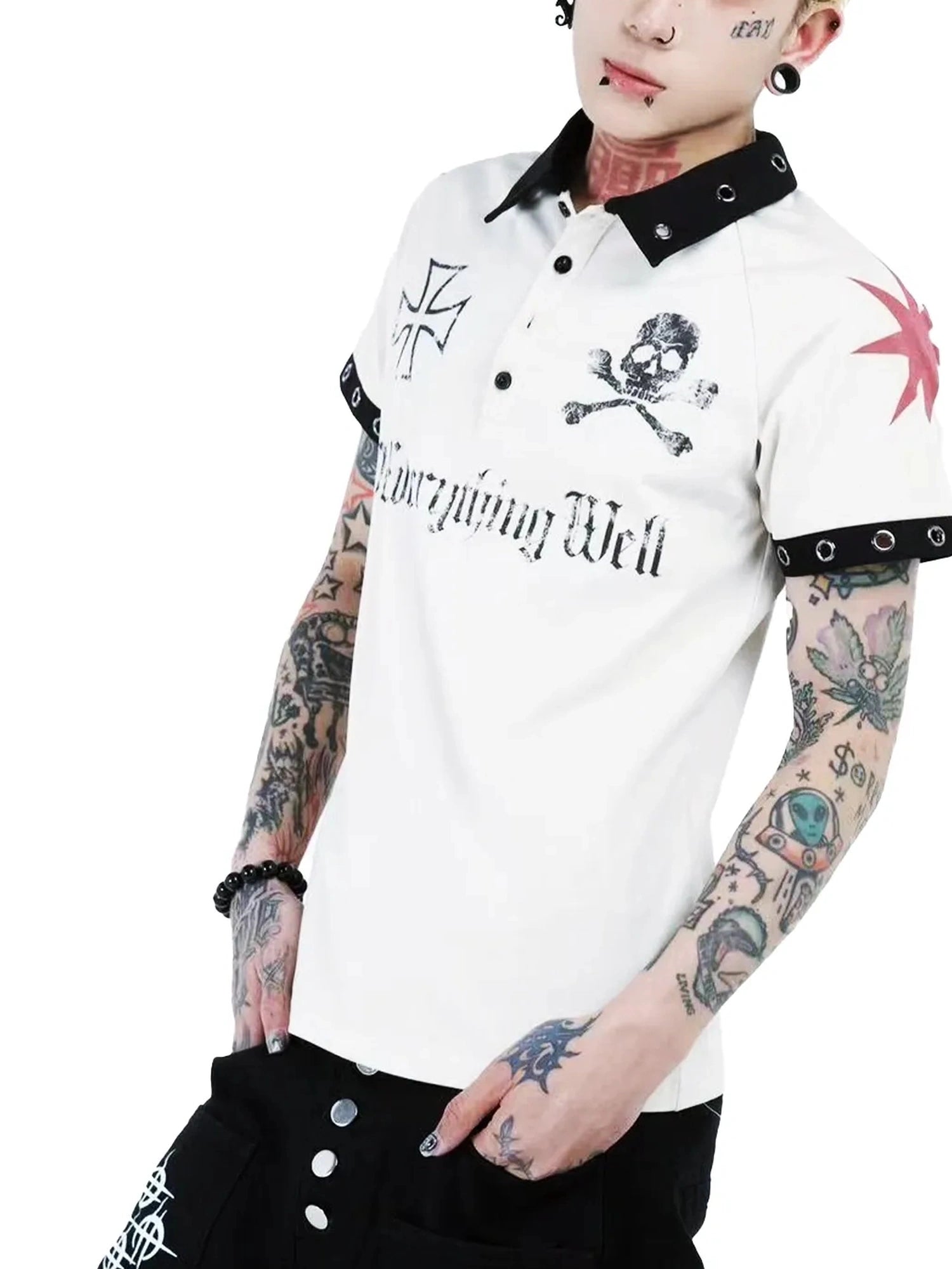 DETW online Vintage Skull Print Retro Street Polo Shirt