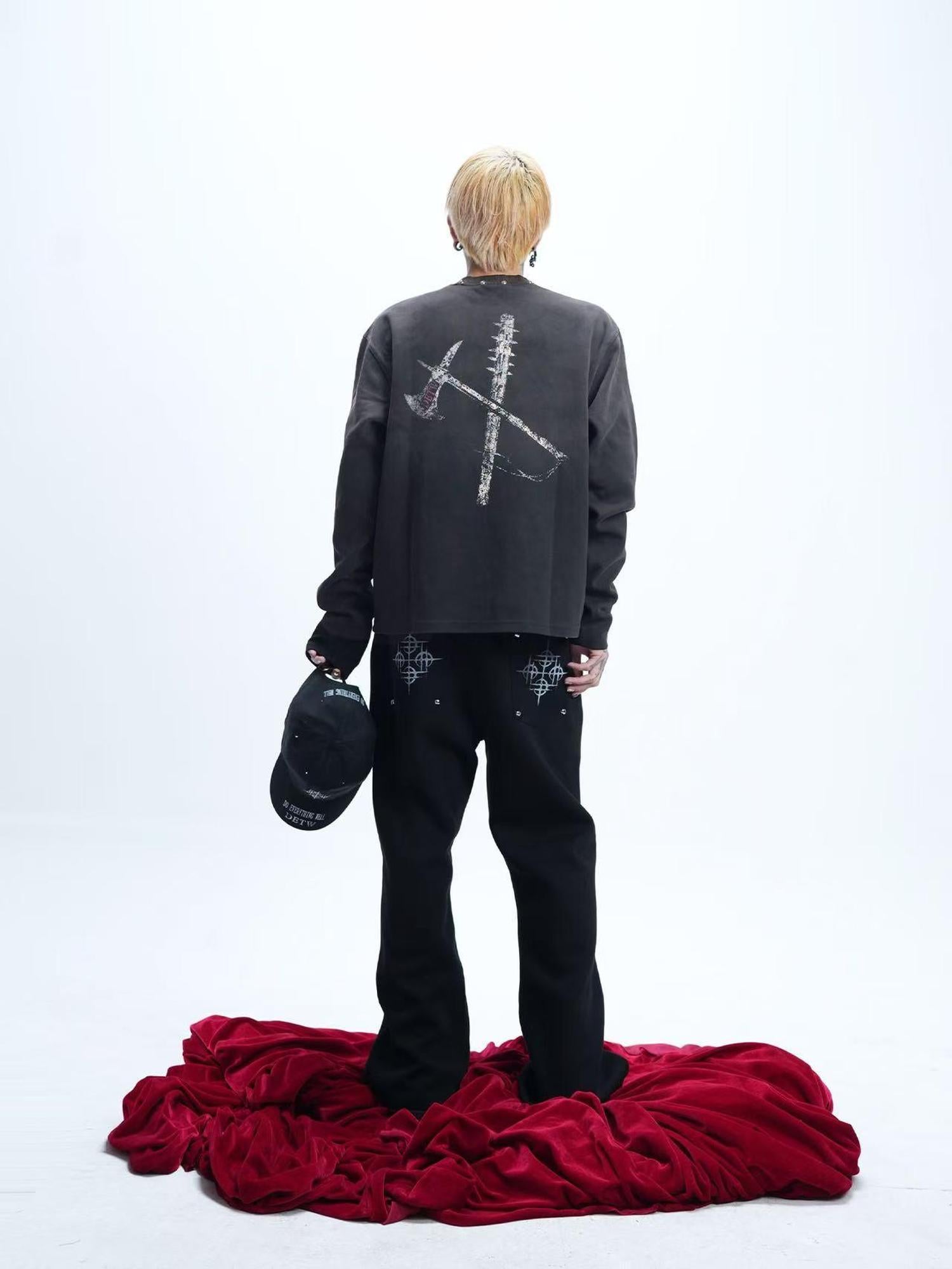 DETW online Vintage Washed Dark Blood Axe Studded Long Sleeve