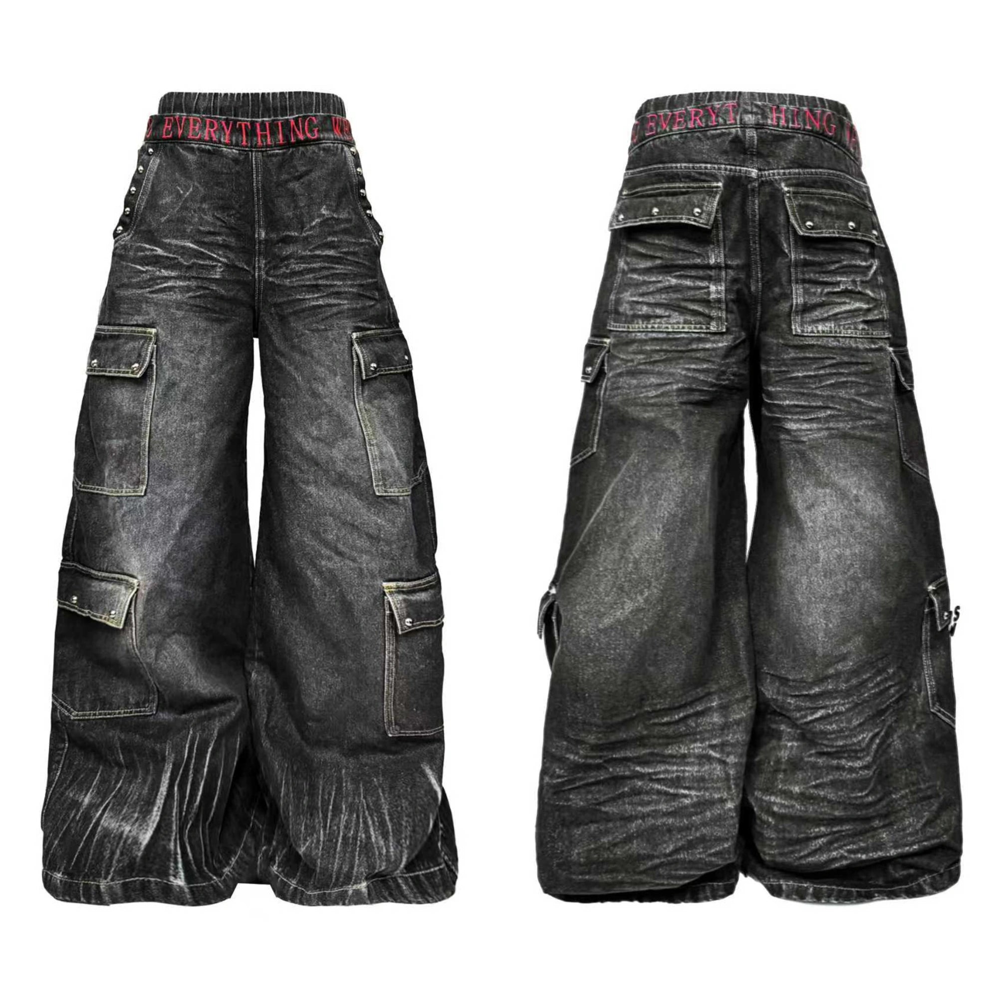 DETW online Water Wash Double Waist Embroidered Pleated Cargo Jeans