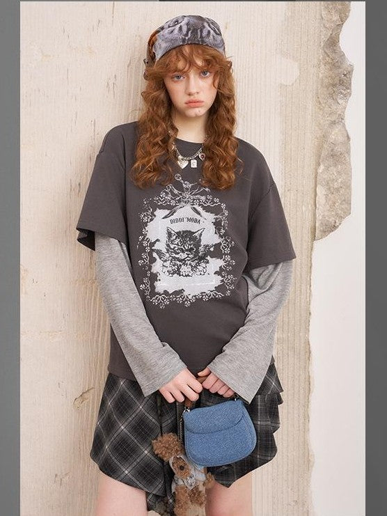 DIDDI MODA Angel Cat Print Loose Round Neck Fake Two Piece Women&