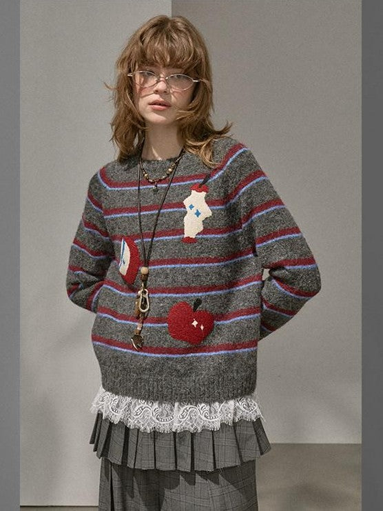 DIDDI MODA Apple Embroidered Striped Crewneck Loose Women&
