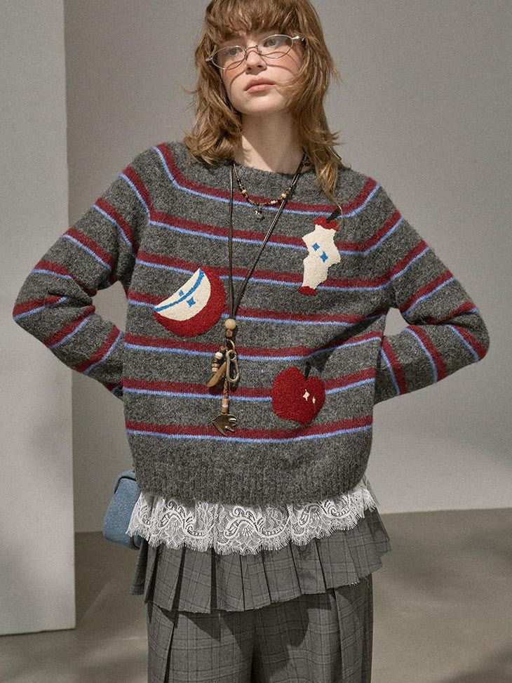 DIDDI MODA Apple Embroidered Striped Crewneck Loose Women&