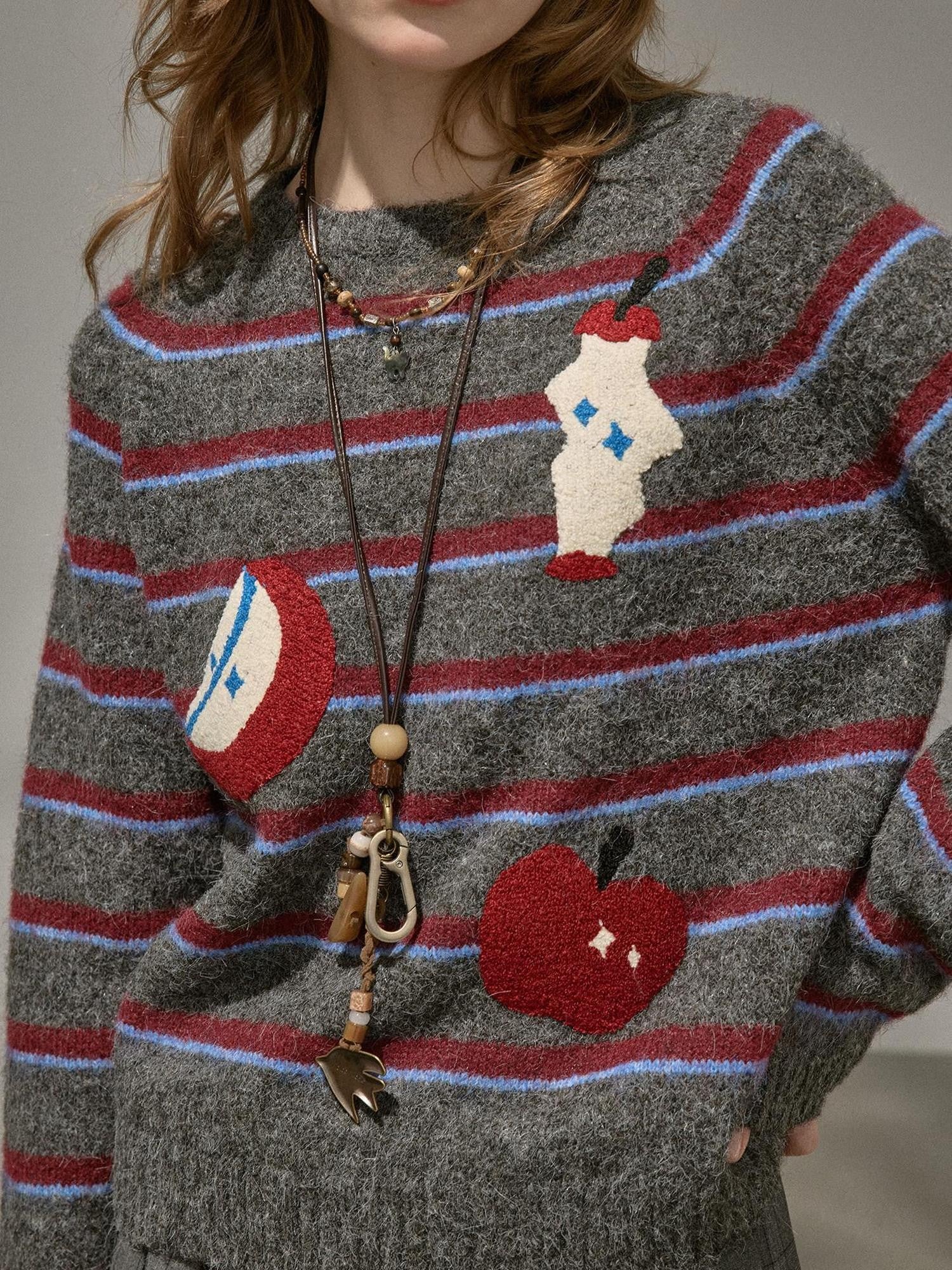 DIDDI MODA Apple Embroidered Striped Crewneck Loose Women&