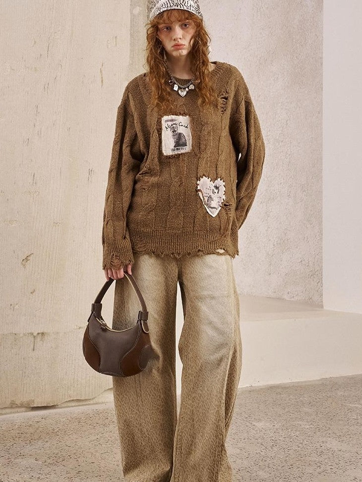DIDDI MODA Applique Kitten Embroidered Hollow Cable Women&