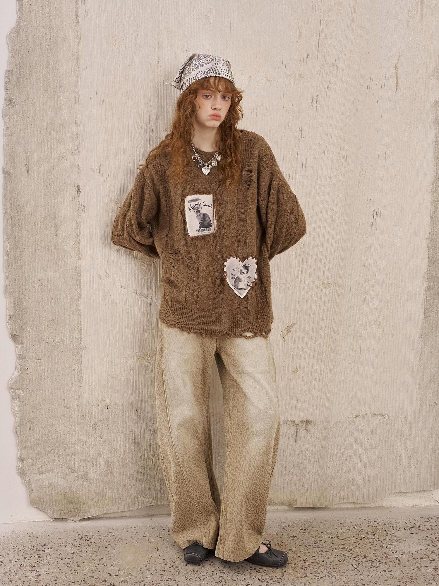DIDDI MODA Applique Kitten Embroidered Hollow Cable Women&
