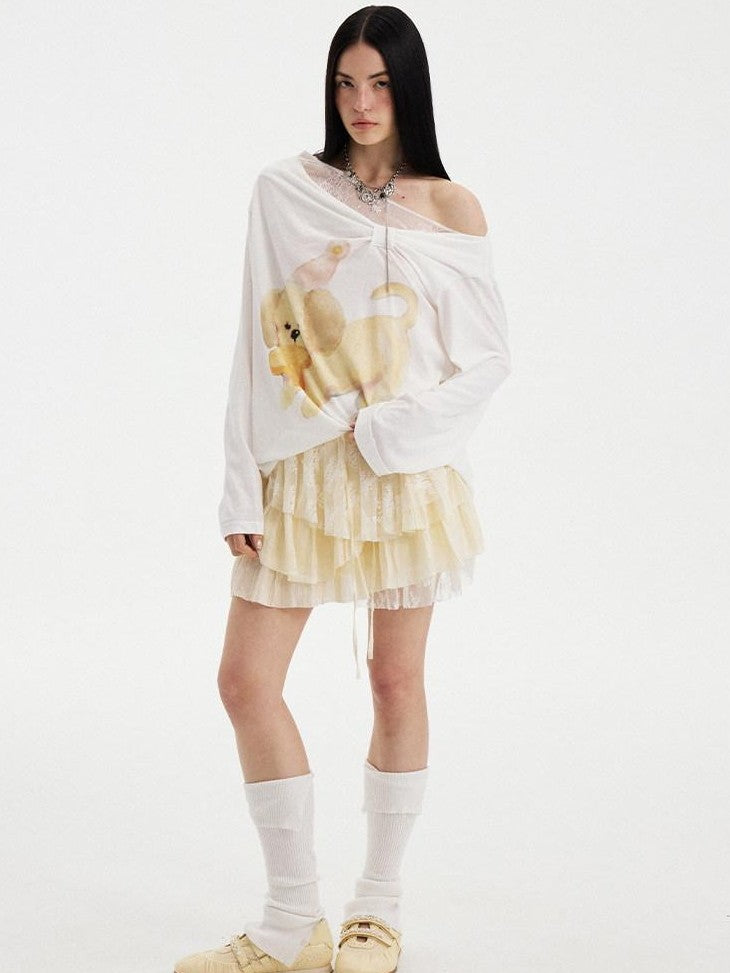 DIDDI MODA Beige Asymmetrical Patchwork Tiered Low Waist Slimming Women&