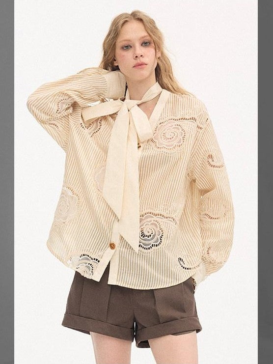 DIDDI MODA Beige Embroidered Bow Tie Women&