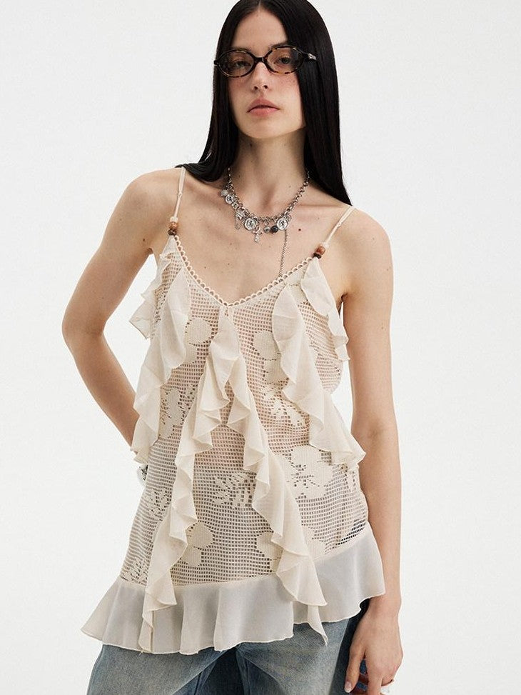DIDDI MODA Beige Lace Splice Asymmetric Ribbon V-neck Women&