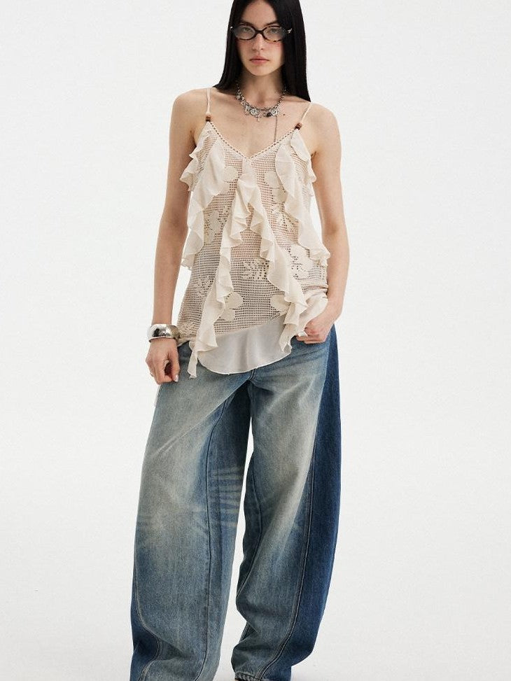 DIDDI MODA Beige Lace Splice Asymmetric Ribbon V-neck Women&