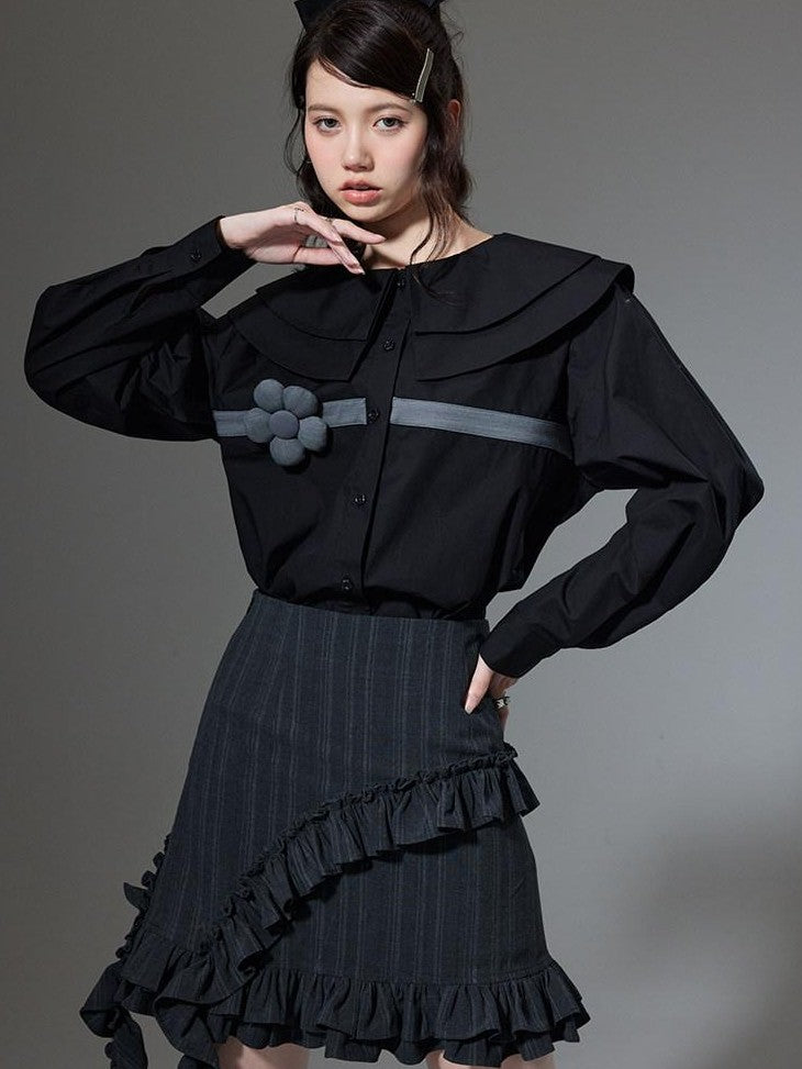 DIDDI MODA Black 3d Floral Double Layer Collar Long Sleeve Women&