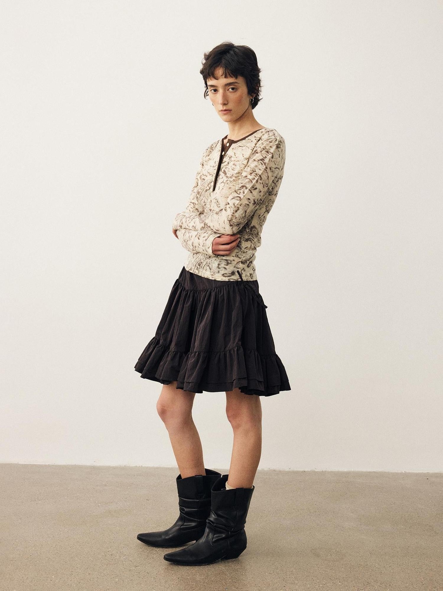 DIDDI MODA Black Brown Drapey Multilayer A Line Flared Women&