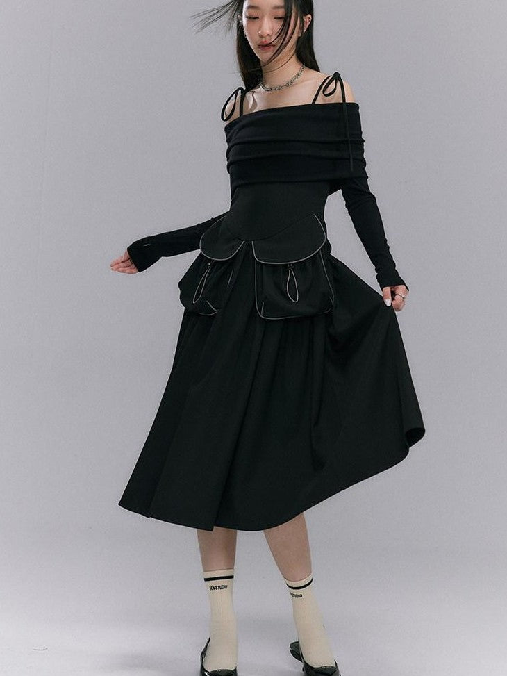 DIDDI MODA Black One Shoulder Tie Knit Fitted Women&