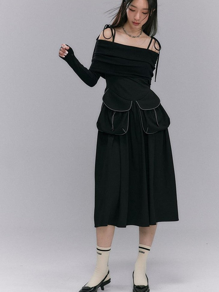 DIDDI MODA Black One Shoulder Tie Knit Fitted Women&