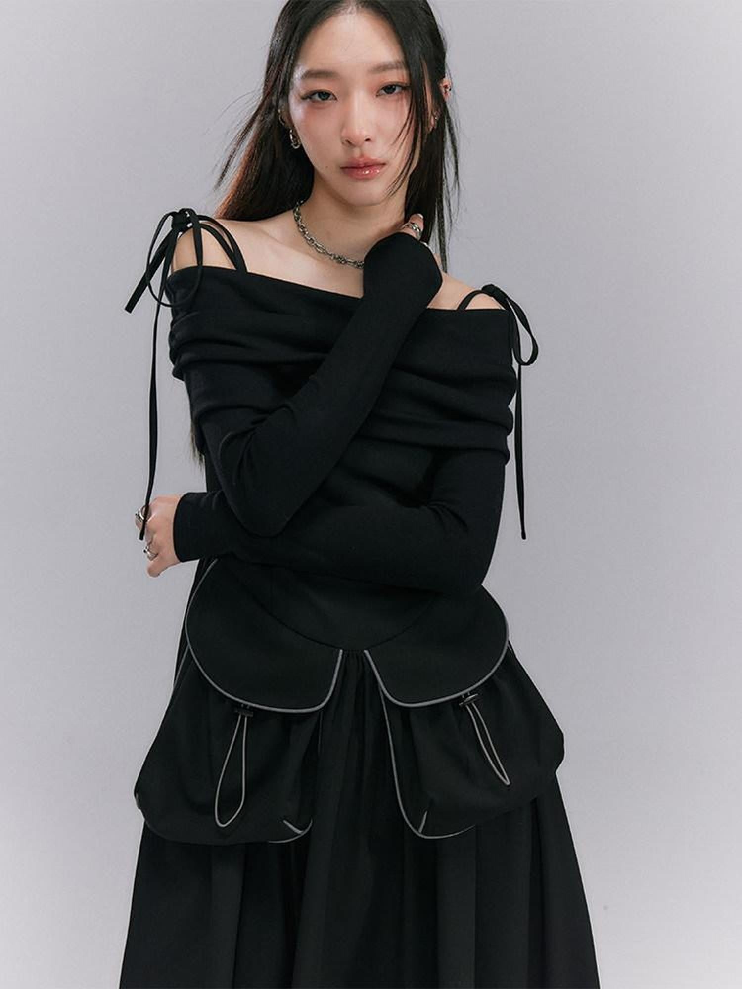 DIDDI MODA Black One Shoulder Tie Knit Fitted Women&