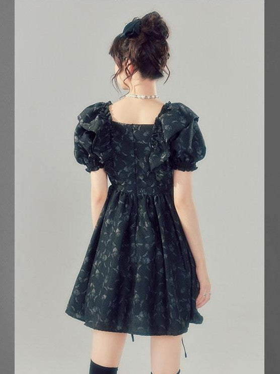 DIDDI MODA Black Puff Sleeve Jacquard Square Neck A Line Women&