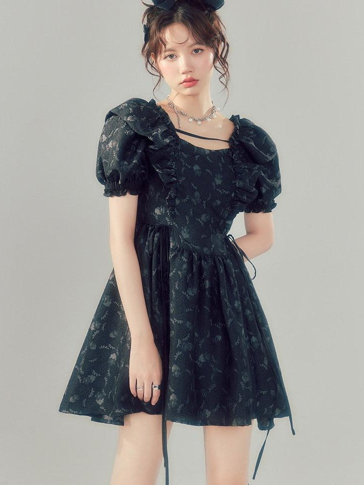DIDDI MODA Black Puff Sleeve Jacquard Square Neck A Line Women&