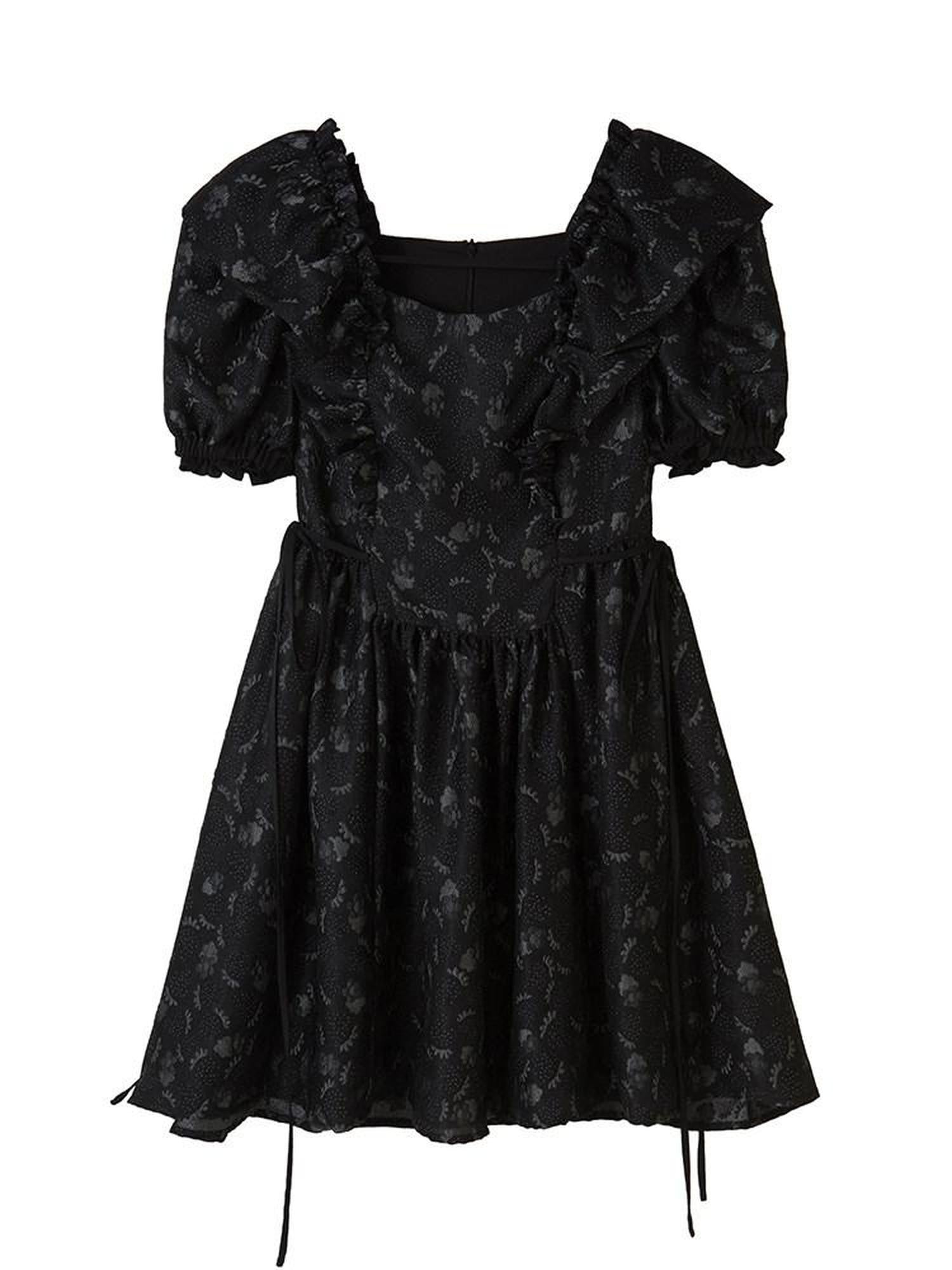 DIDDI MODA Black Puff Sleeve Jacquard Square Neck A Line Women&