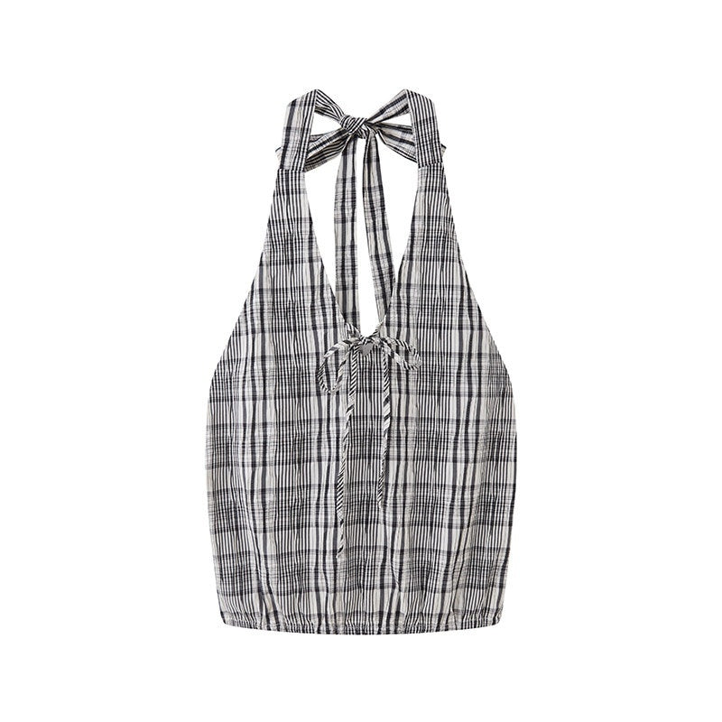 DIDDI_MODA_Black_White_Check_Lace_Up_Deep_V_Backless_Structured_Women&