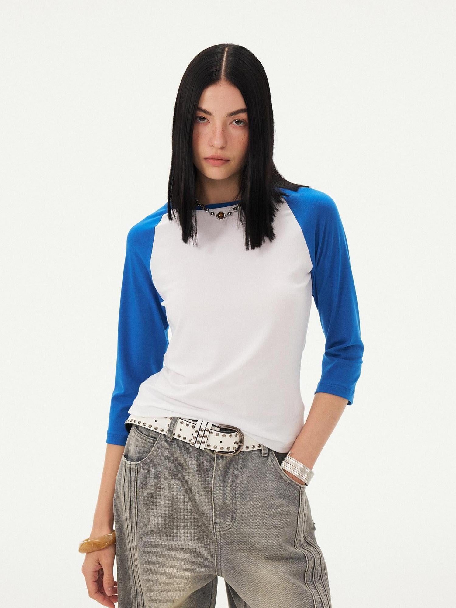 DIDDI MODA Black White Colorblock Raglan Crew Neck Waist Cinched Women&
