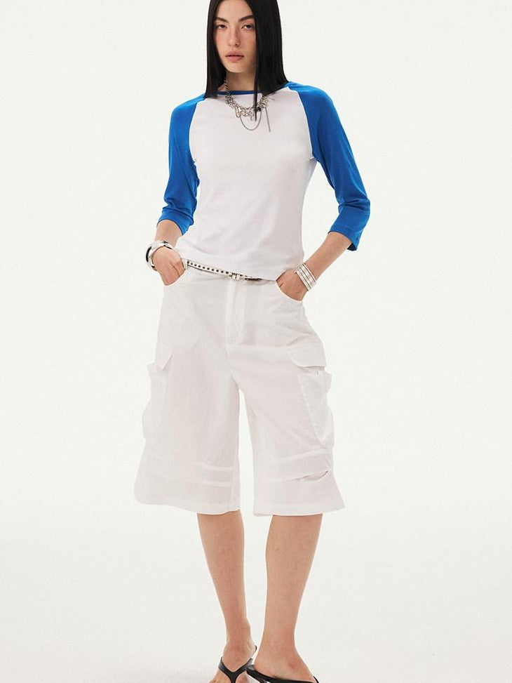 DIDDI MODA Black White Colorblock Raglan Crew Neck Waist Cinched Women&