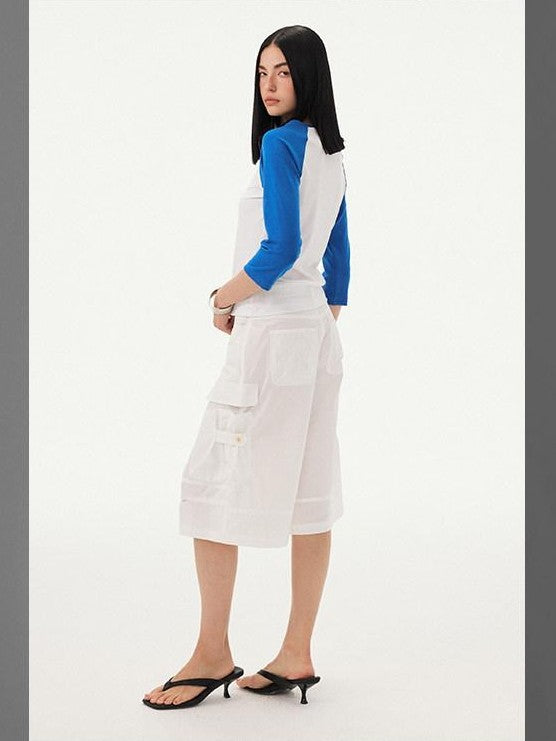 DIDDI MODA Black White Colorblock Raglan Crew Neck Waist Cinched Women&