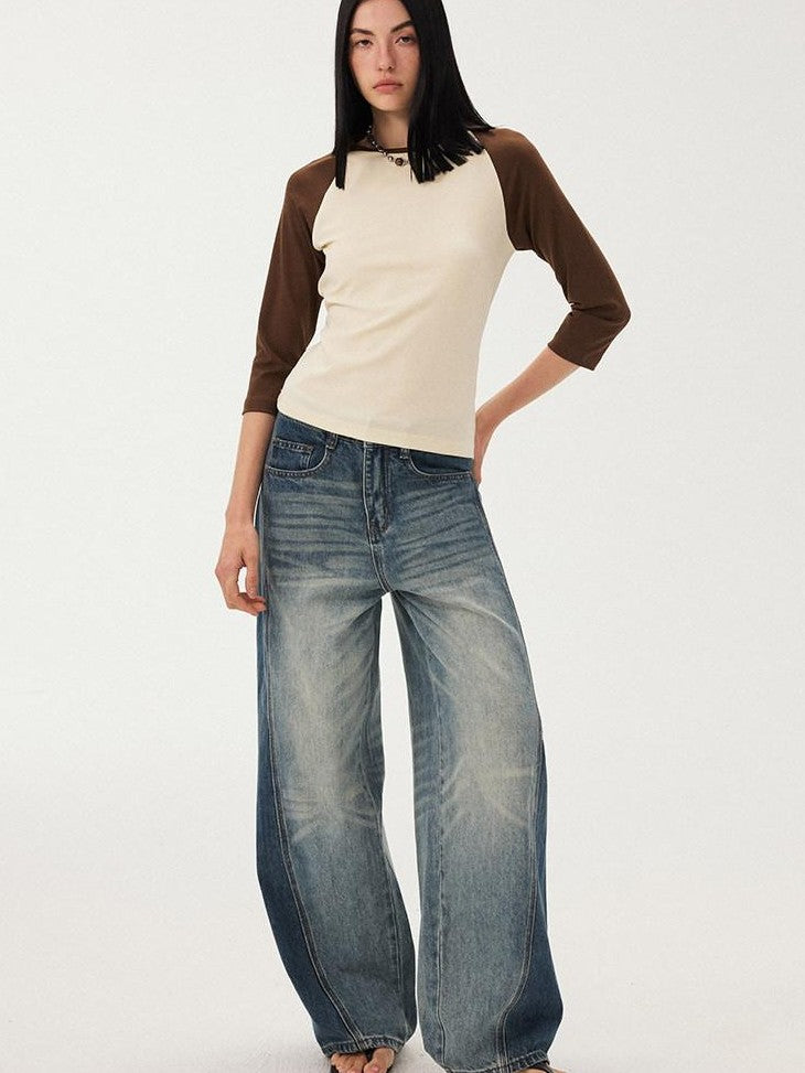 DIDDI MODA Black White Colorblock Raglan Crew Neck Waist Cinched Women&
