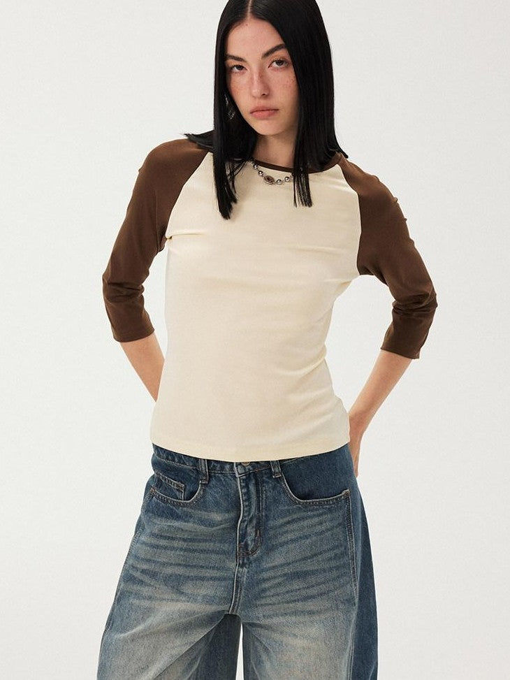 DIDDI MODA Black White Colorblock Raglan Crew Neck Waist Cinched Women&