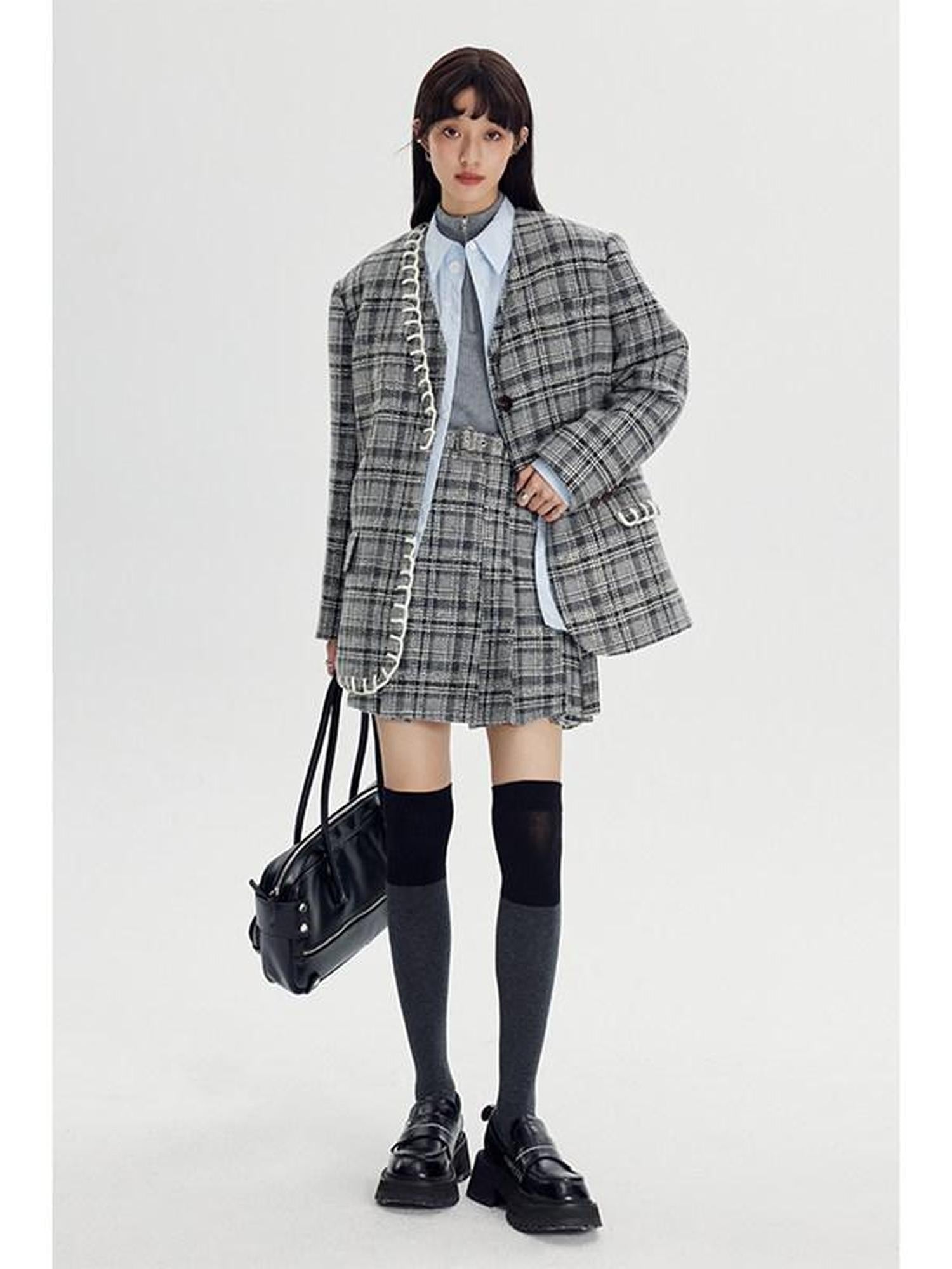 DIDDI MODA Black White Plaid Minimalist Bow Women&