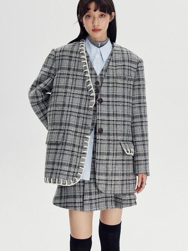 DIDDI MODA Black White Plaid Minimalist Bow Women&