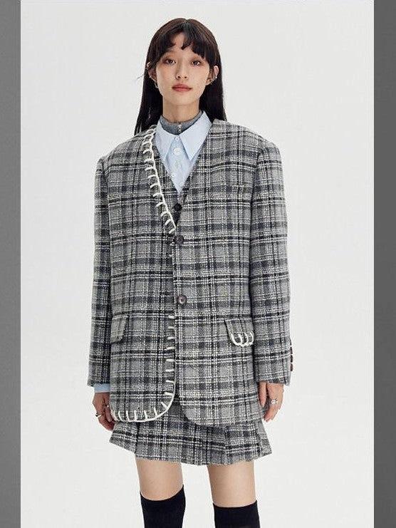 DIDDI MODA Black White Plaid Minimalist Bow Women&