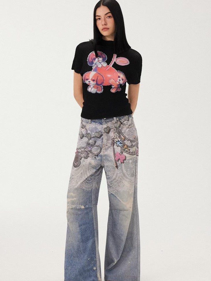 DIDDI MODA Blue Chain Digital Print Bow Pattern Women&