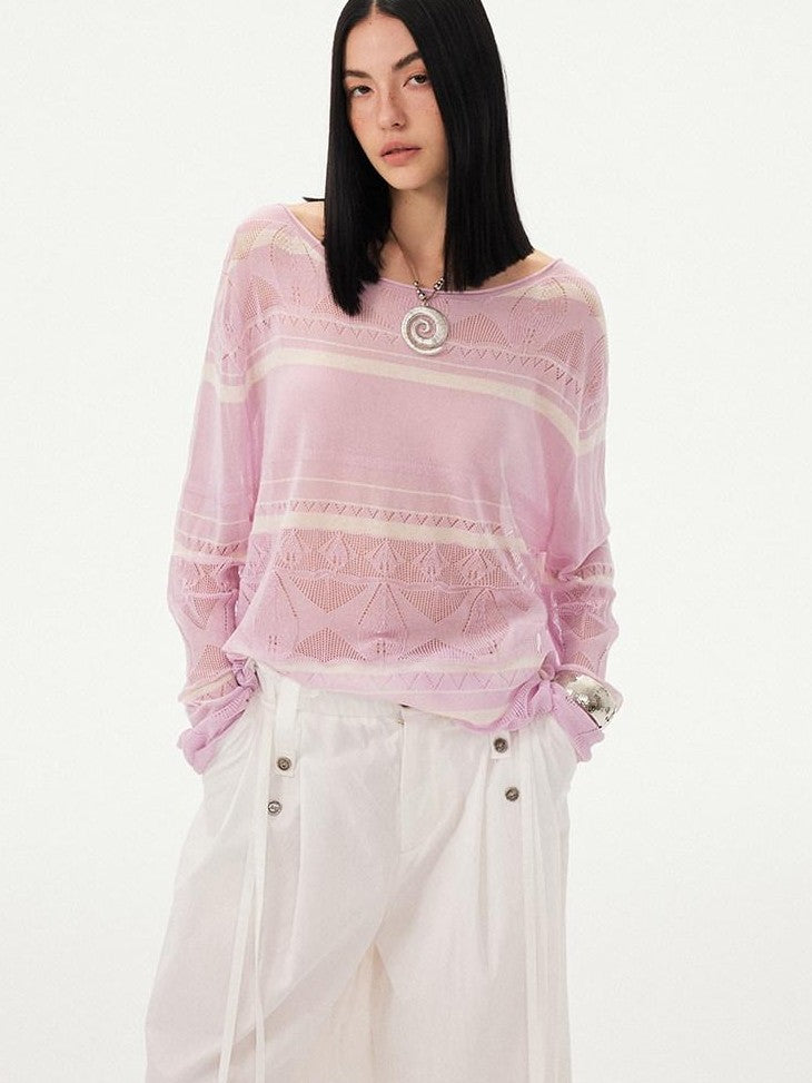 DIDDI MODA Blue Knitted Eyelet Faux Crochet Striped Round Neck Women&