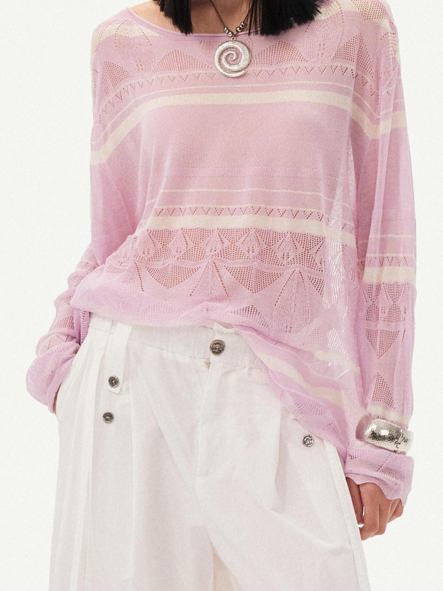 DIDDI MODA Blue Knitted Eyelet Faux Crochet Striped Round Neck Women&